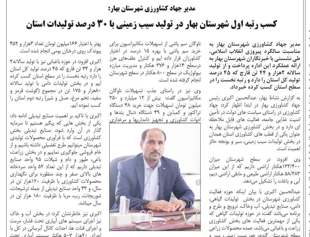 کسب رتبه اول شهرستان بهار در تولید سیب زمینی با ۳۰ درصد تولیدات استان