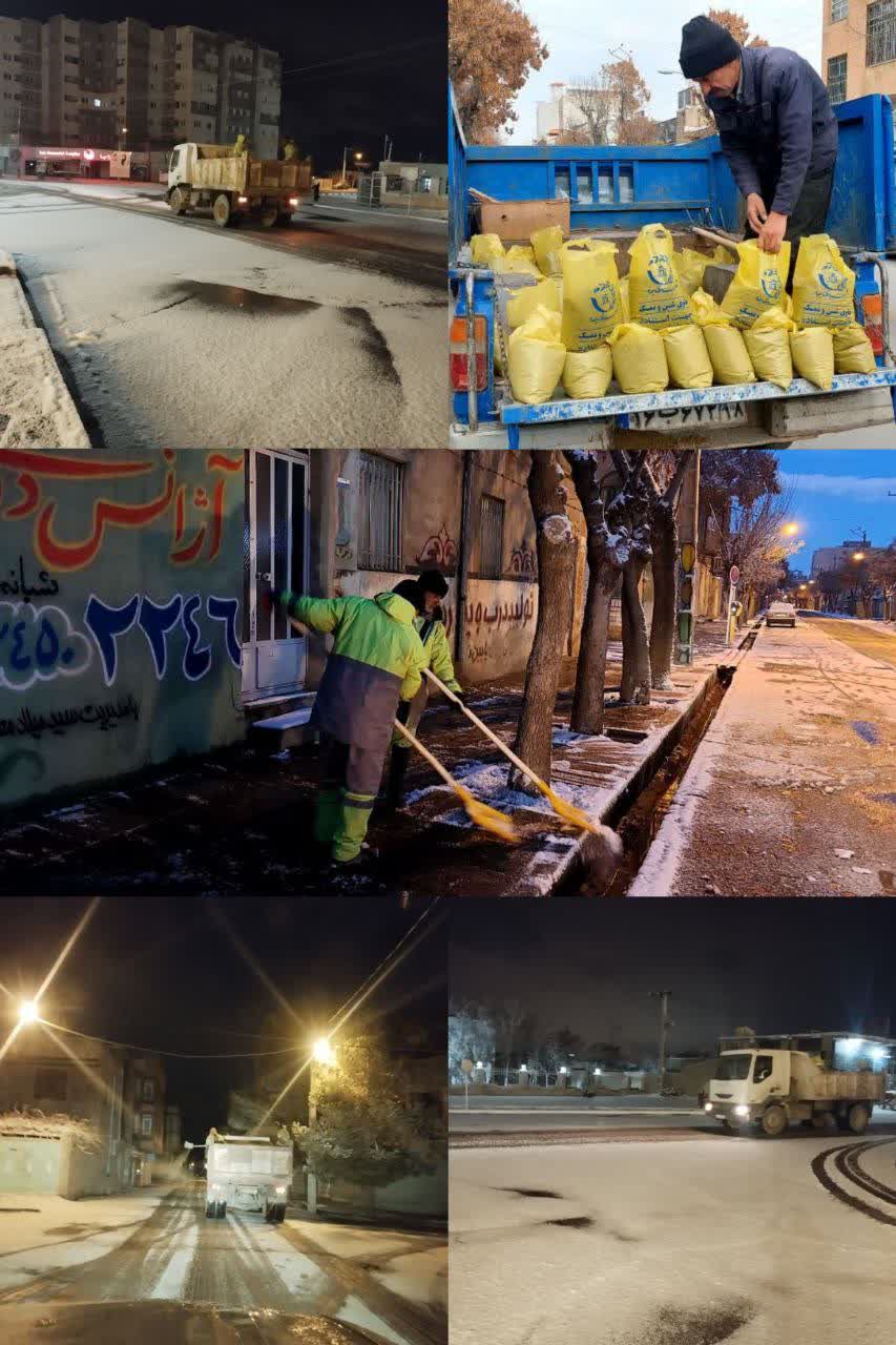 عملیات شن پاشی و برف روبی در سطح شهر بهار از شب گذشته در حال انجام است