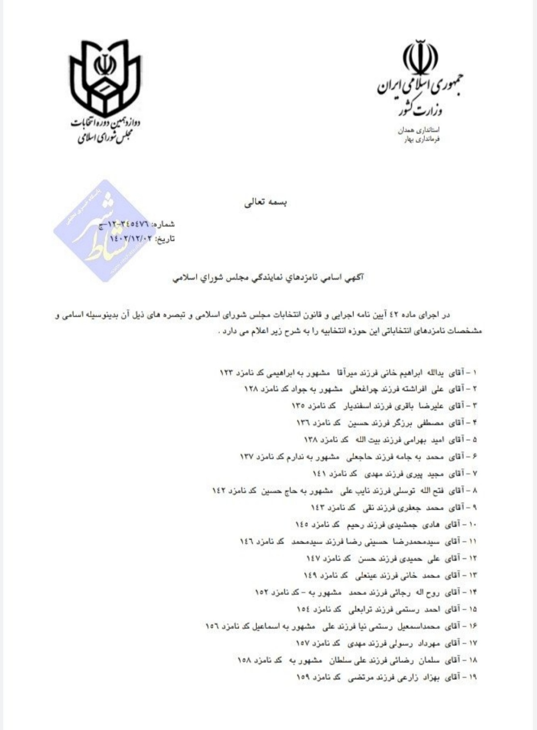 اسامی نامزدهای تایید صلاحیت شده انتخابات دوازدهمین دوره مجلس شورای اسلامی در حوزه انتخابیه بهار و کبودراهنگ