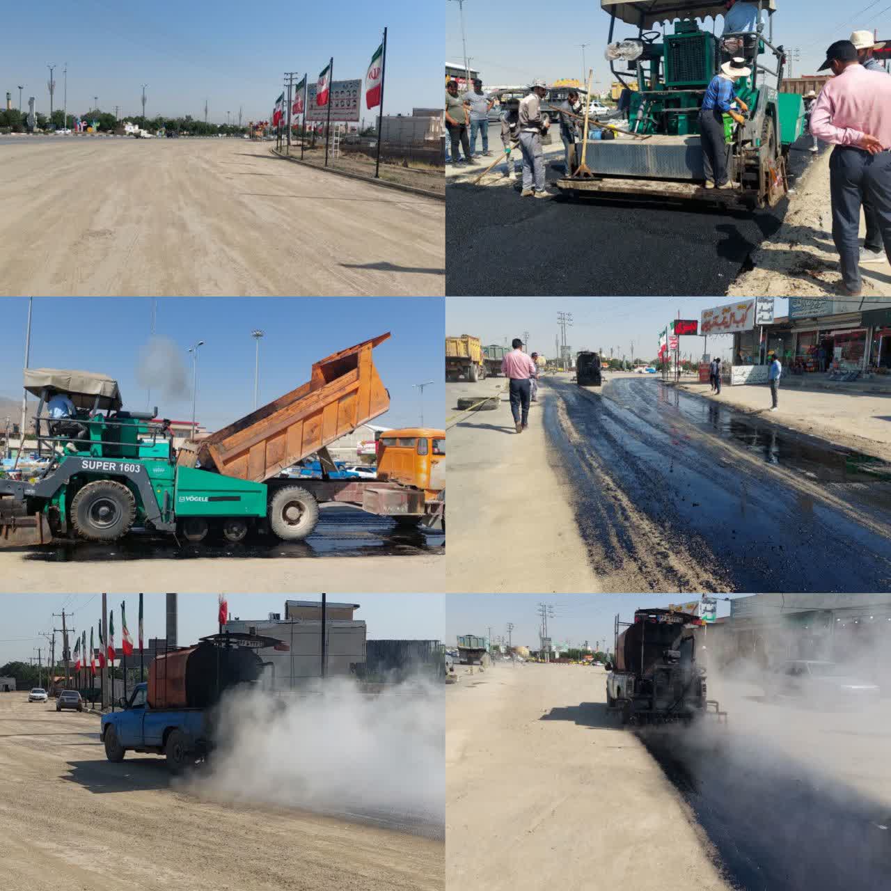 اجرای عملیات قیرپاشی و پخش آسفالت با دستگاه فینیشر در ابتدای ورودی شهر بهار